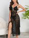 Black 1950s Sheer Floral Lace Deep-V Slit Nightgown