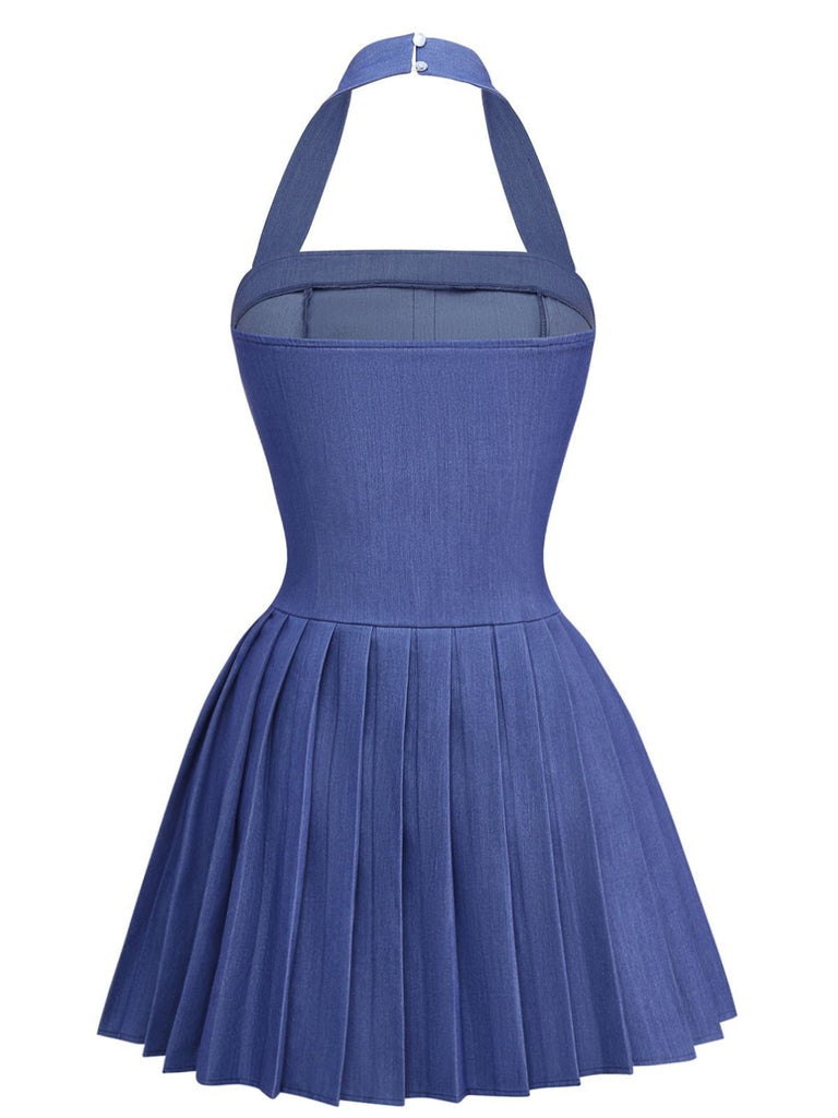 1960s Denim Halter Pleated Button Mini Dress