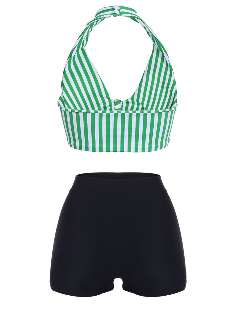Green Retro Halter Stripes Bikini Set