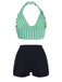 Green Retro Halter Stripes Bikini Set