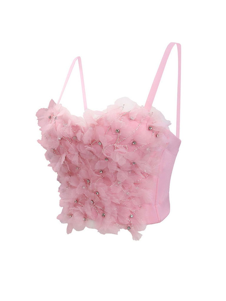 Pink 1970s 3D Floral Rhinestone Crop Top