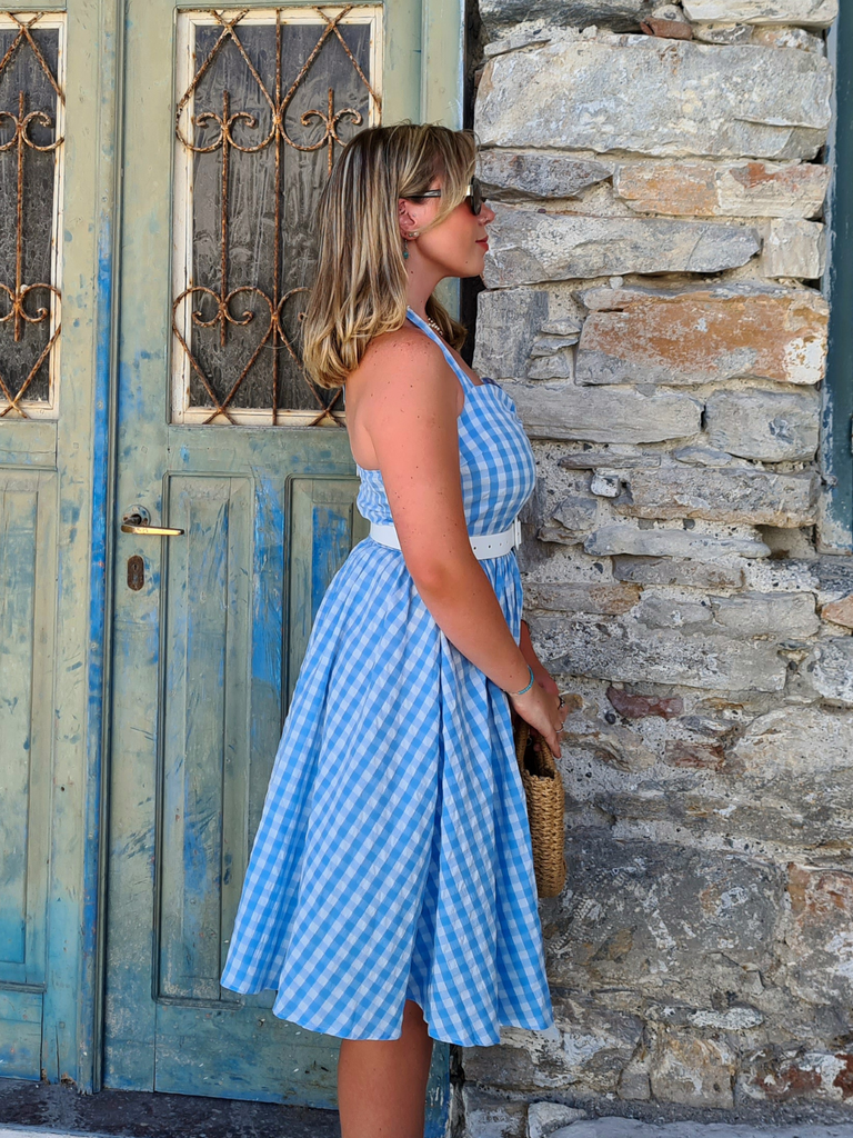 Light Blue 1950s Plaid Halter Swing Dress