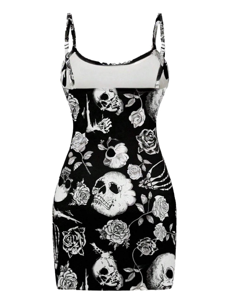 Black 1960s Skull Rose Halloween Bodycon Dress