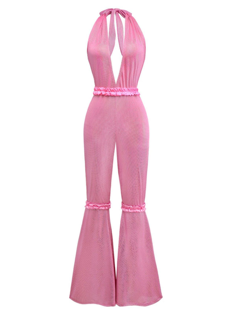 1970s Sheer Solid Deep V-Neck Flare Jumpsuit