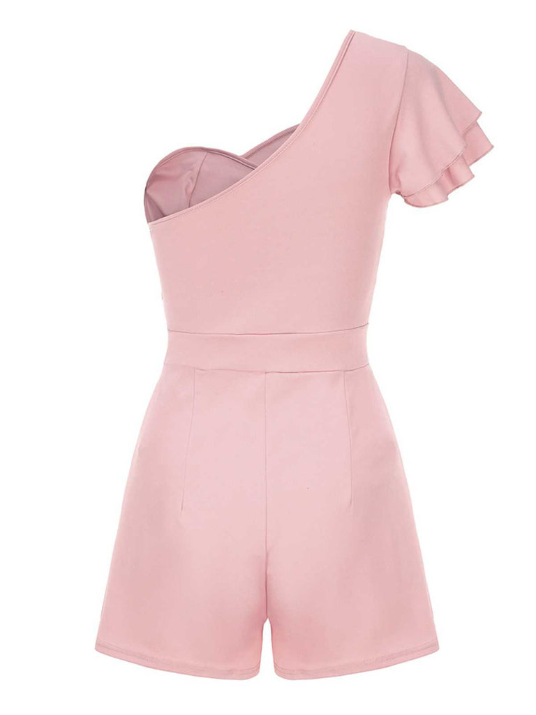 1950s One Shoulder Ruffles Solid Romper