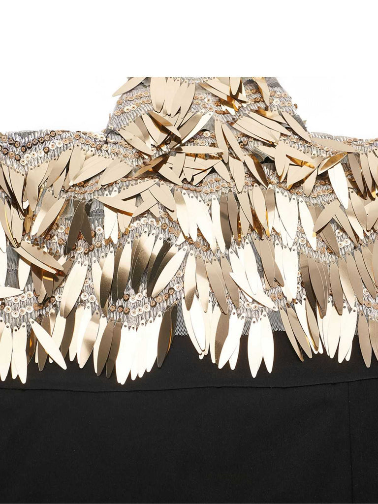 Gold 1930s Sequined Patchwork Halter Backless Evening Dress