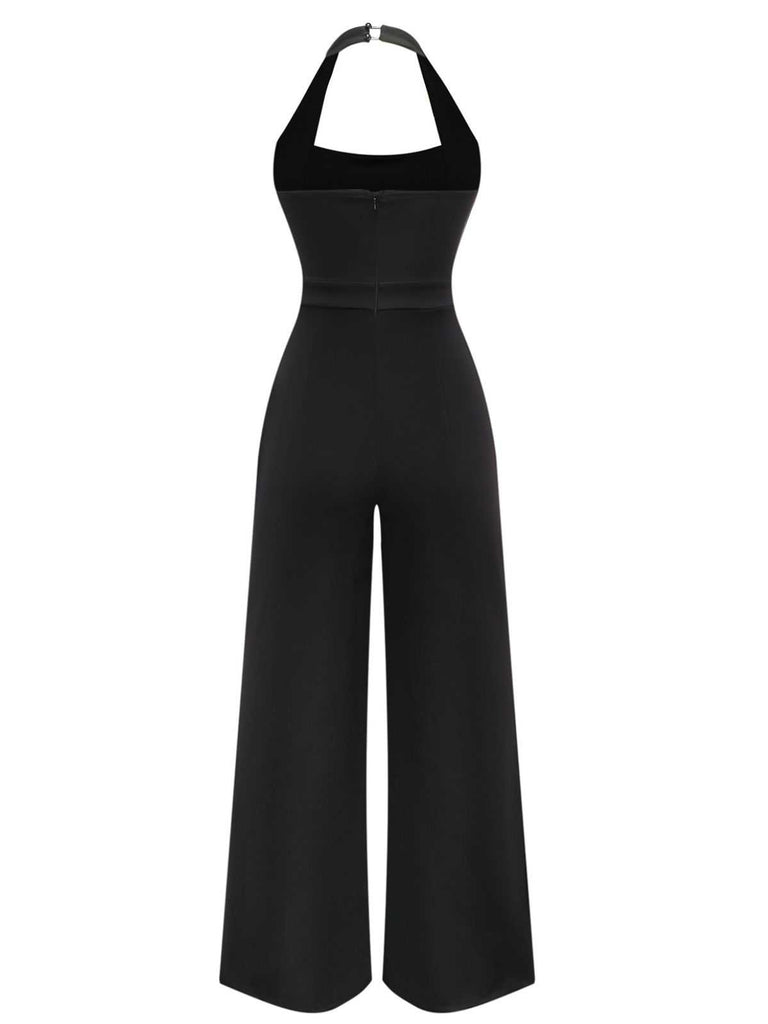 1960s Halter Colorblock Wide-Leg Backless Jumpsuit