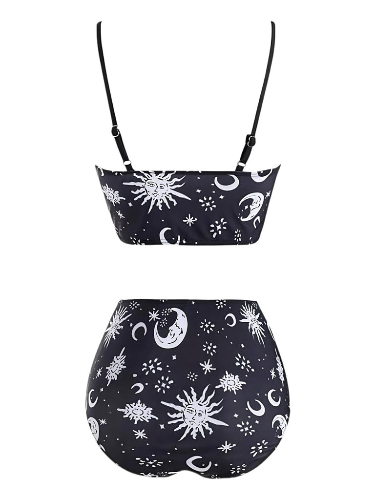 Black 1980s Strap Galaxy Print Gothic Bikini Set