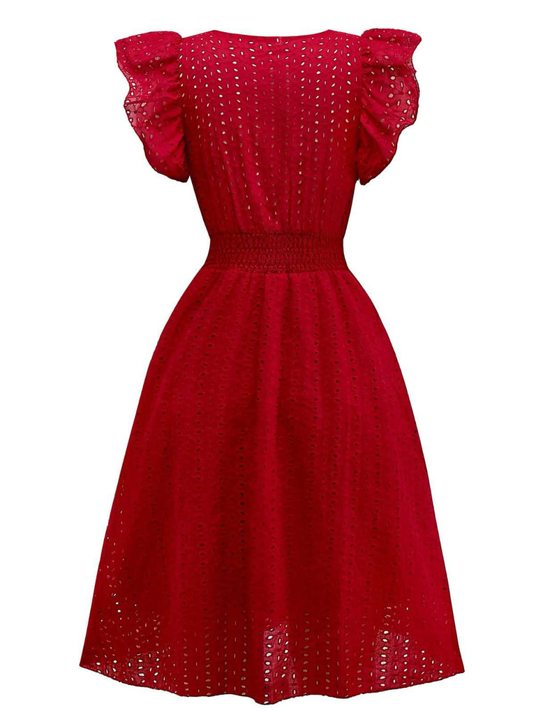 1940s V-Neck Cutout Cotton Smocked Ruffled Dress