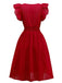 1940s V-Neck Cutout Cotton Smocked Ruffled Dress