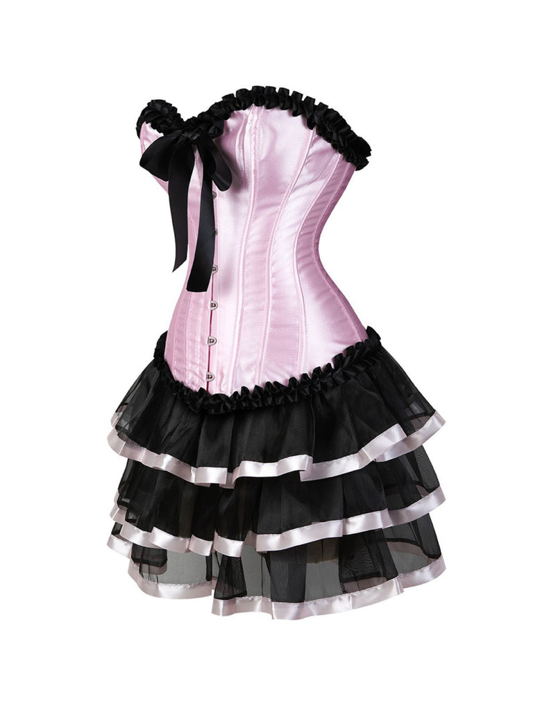 2PCS Black & Pink 1980s Steampunk Strapless Corset & Skirt