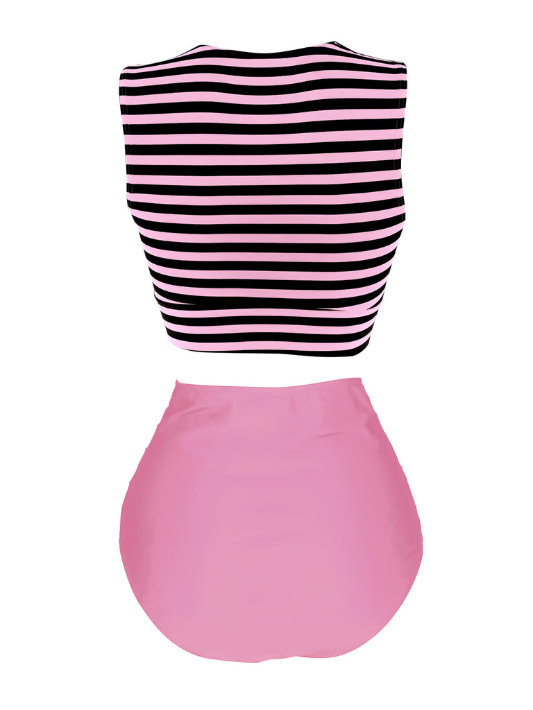 Pink & Black 1970s Striped Waist Tie Patchwork Swimsuit
