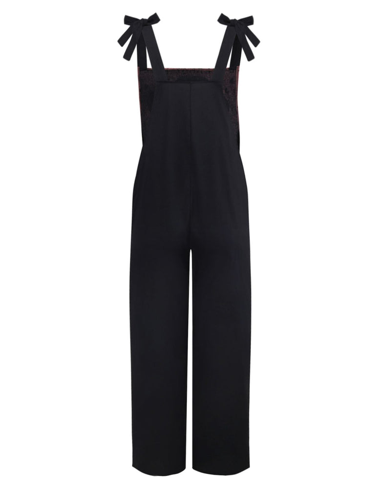 Black 1970s Halloween Gothic Skeleton Print Suspender Jumpsuit