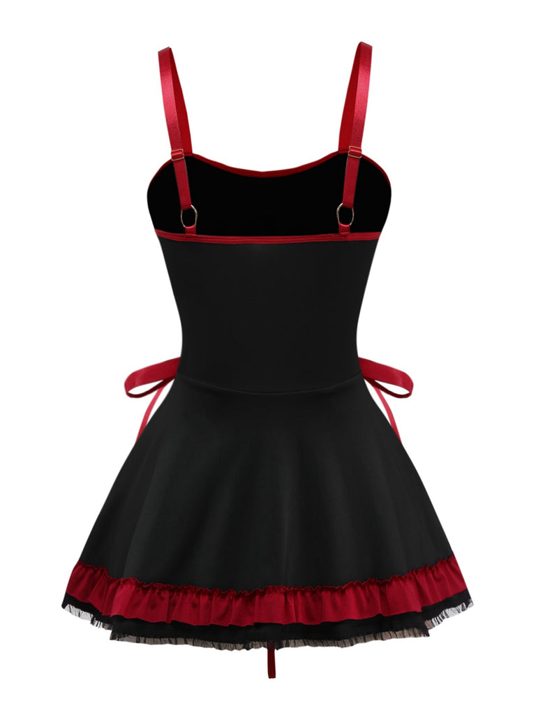 Black 1950s Cross Contrast Ruffle Hem Nightdress