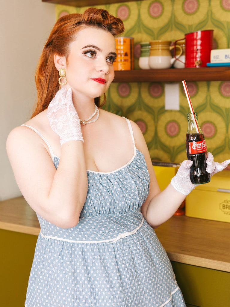 Sky Blue 1950s Strap Polka Dot Swing Dress