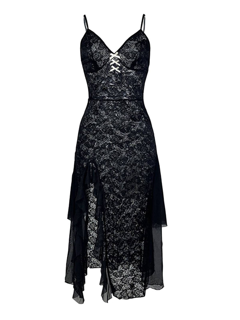 Black 1950s Sheer Floral Lace Deep-V Slit Nightgown