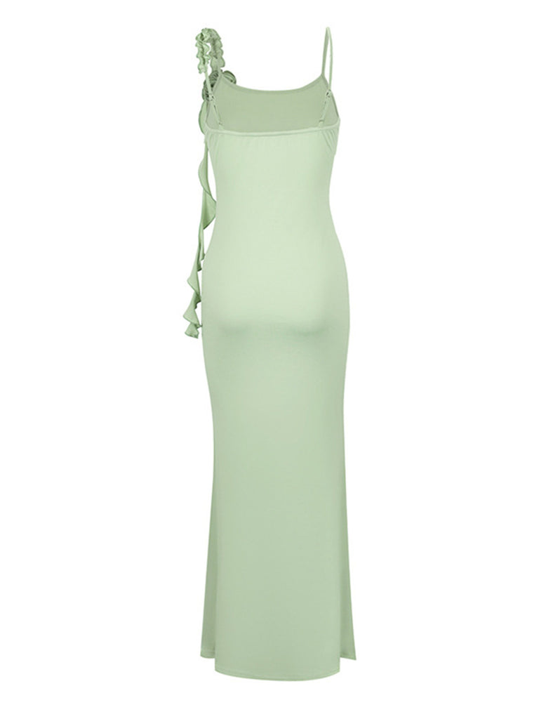 Green 1930s Spaghetti Strap 3D Flower Maxi Dress