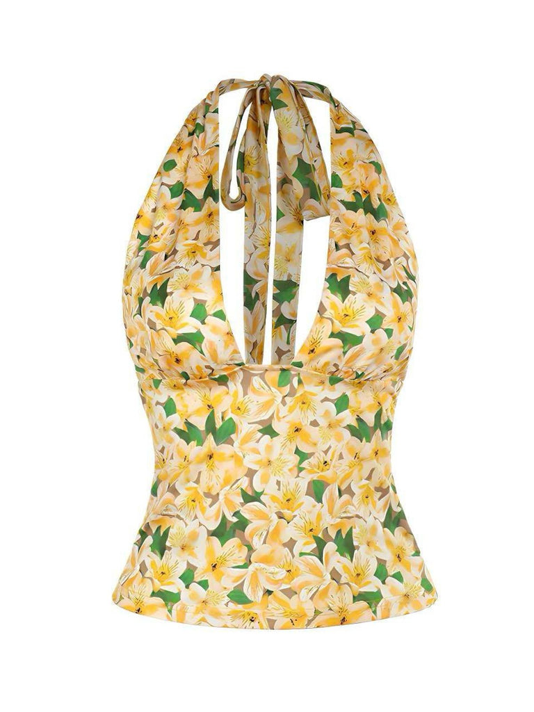 Yellow 1950s Halter Deep V-Neck Lily Top