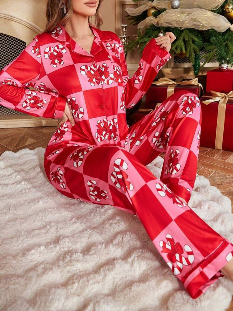 Red 1980s Christmas Checkerboard Candy Cane Pajama Set