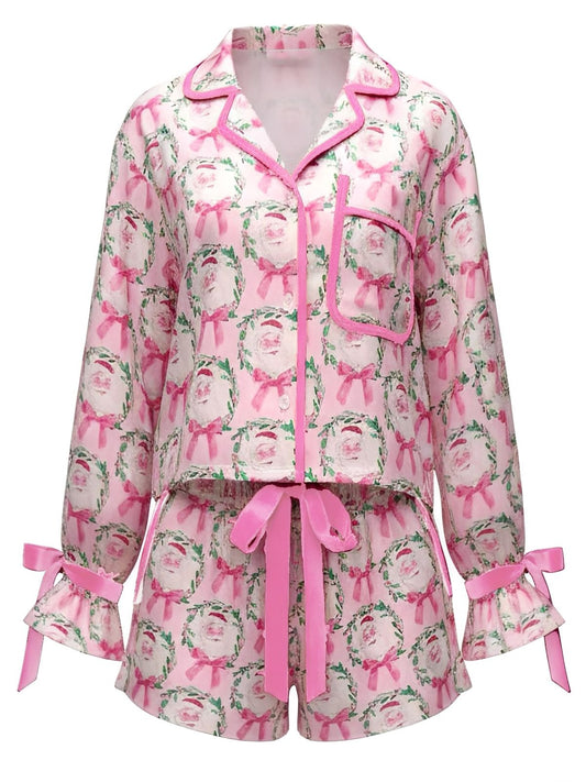 2PCS 1960s Christmas Long Sleeve Button Pajama Set