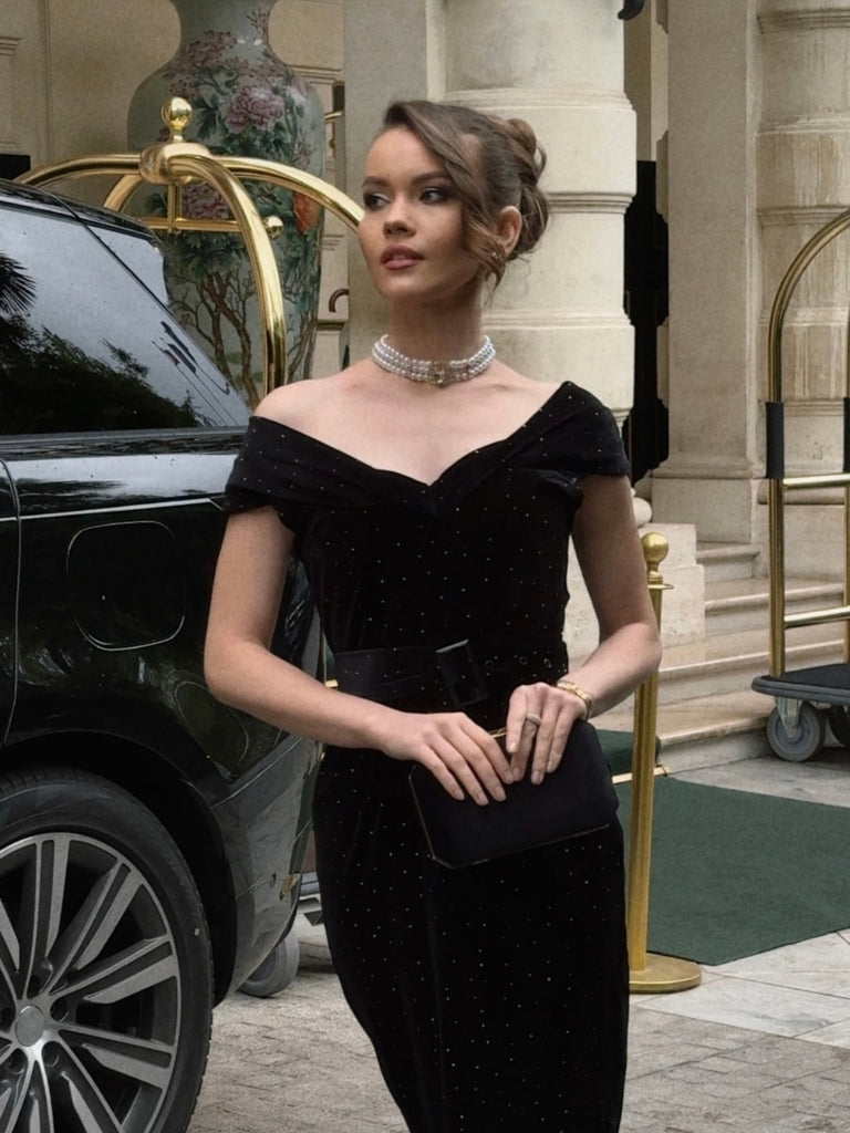 Black 1960s Off-Shoulder Rhinestones Velvet Dress