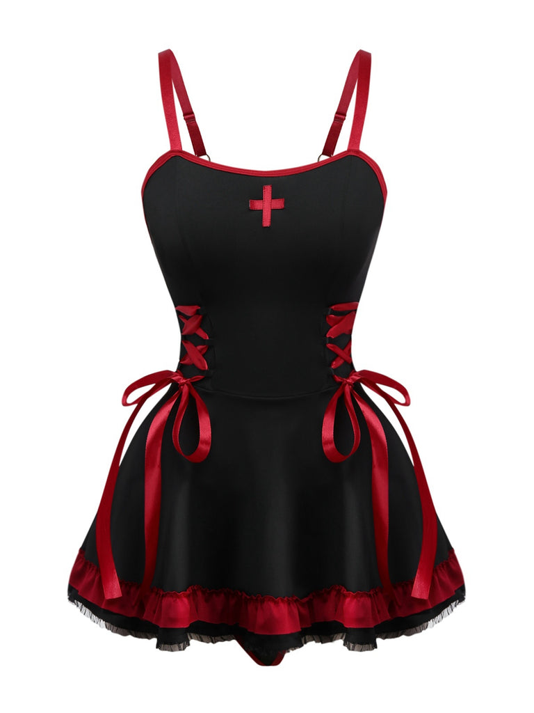 Black 1950s Cross Contrast Ruffle Hem Nightdress