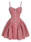 Red 1950s Gingham Plaid Button Spaghetti Strap Dress