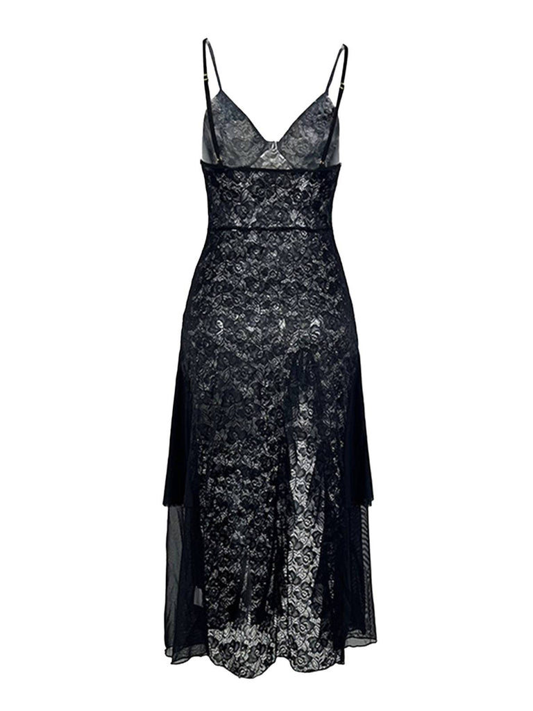 Black 1950s Sheer Floral Lace Deep-V Slit Nightgown