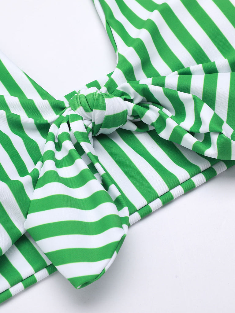 Green Retro Halter Stripes Bikini Set