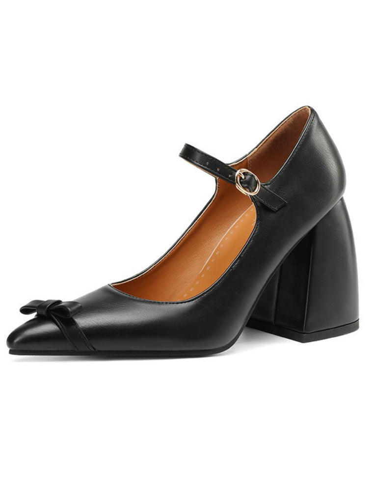 Vintage Bow Strap Point Toe Chunky Heels