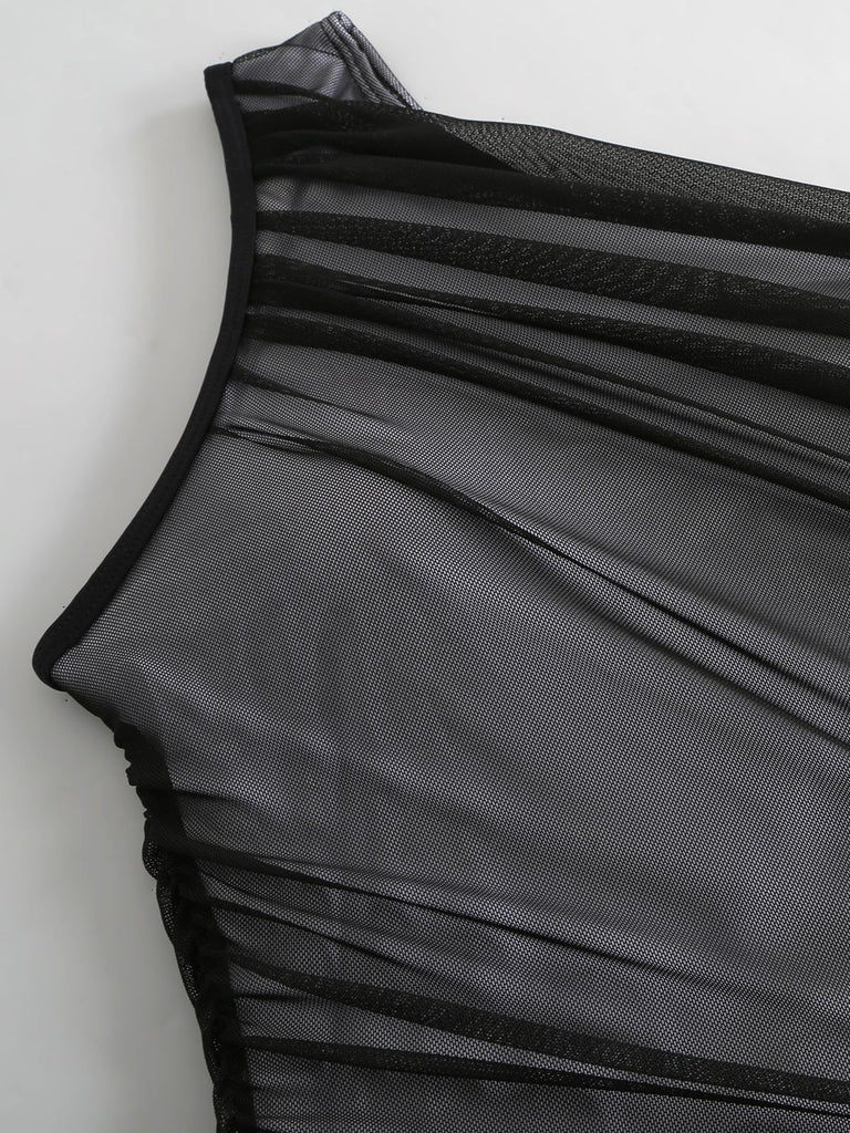 1940s Solid Mesh Pleated One-Shoulder Swimsuit