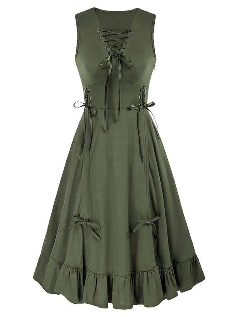 1940s Solid Sleeveless Drawstring Lace-Up Dress