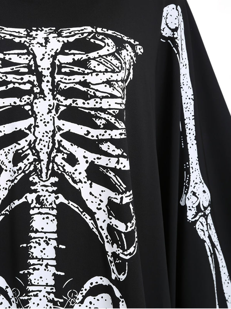 1970s Halloween Skeleton Bone Print Hooded Cape