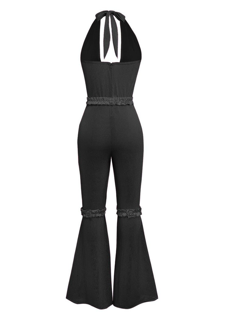 1970s Sheer Solid Deep V-Neck Flare Jumpsuit