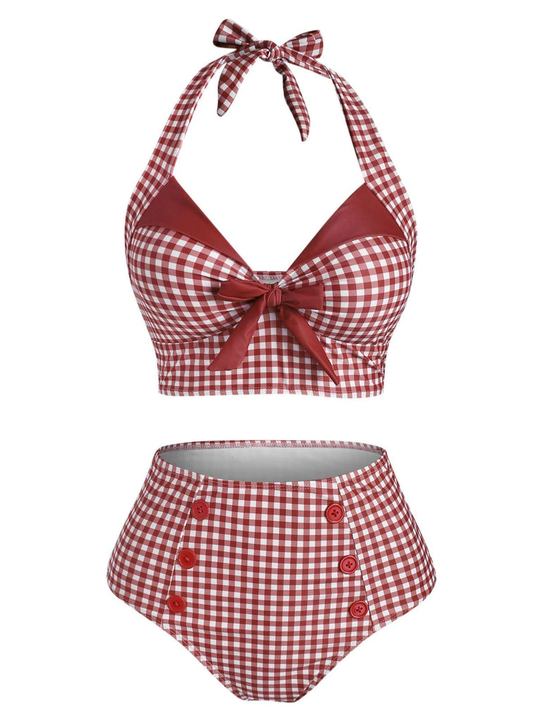 Green 1950s Gingham Halter Bowknot Bikini Set