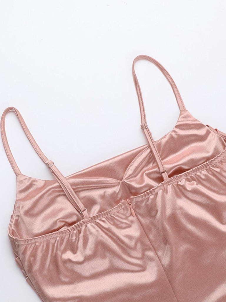 Pink 1930s Solid Satin Ruched Slit Dress