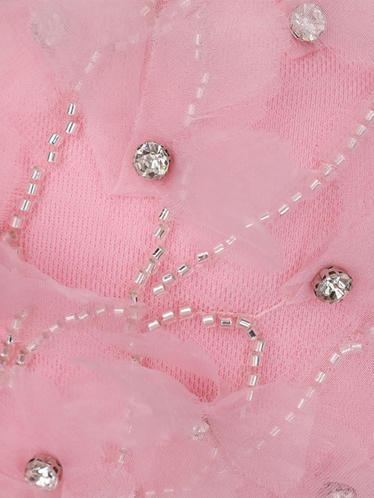 Pink 1970s 3D Floral Rhinestone Crop Top