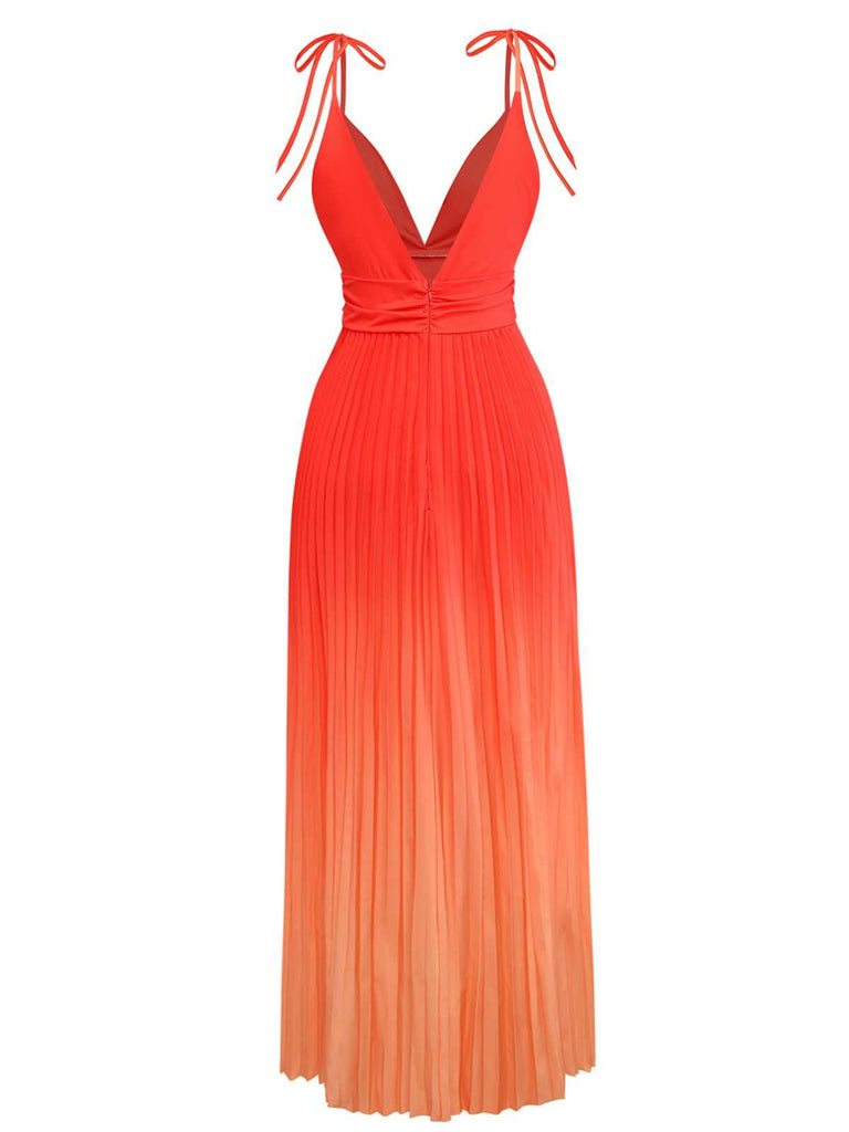 Orange 1930s Slip V-Neck Gradient Pleated Maxi Dress