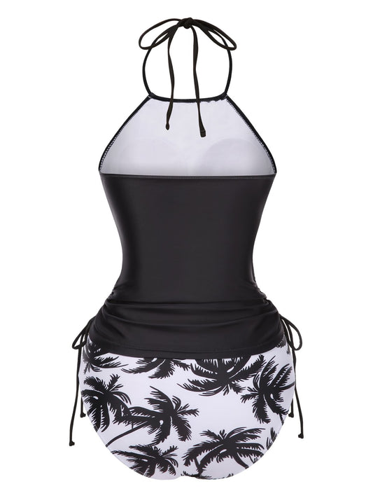 Black 1980s Punk Halter Skeleton Beach Print Bikini Set