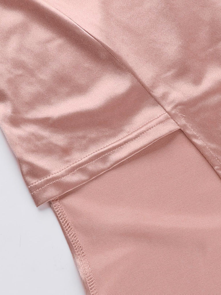 Pink 1930s Solid Satin Ruched Slit Dress