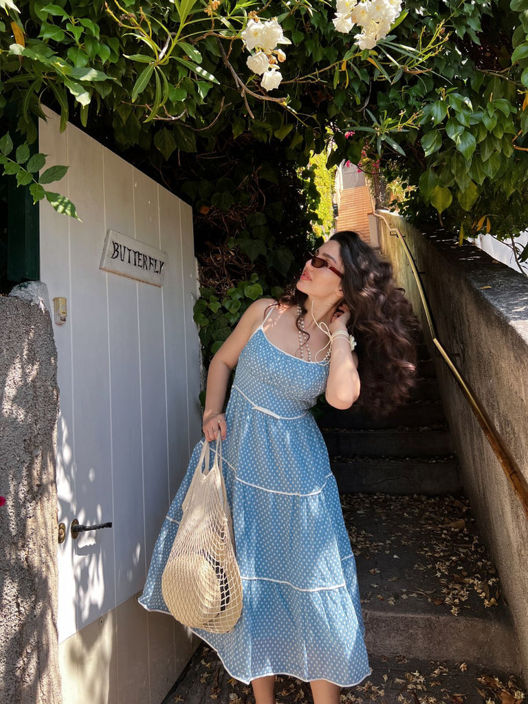 Sky Blue 1950s Strap Polka Dot Swing Dress