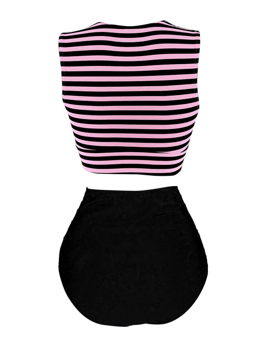 Pink & Black 1970s Striped Waist Tie Patchwork Swimsuit