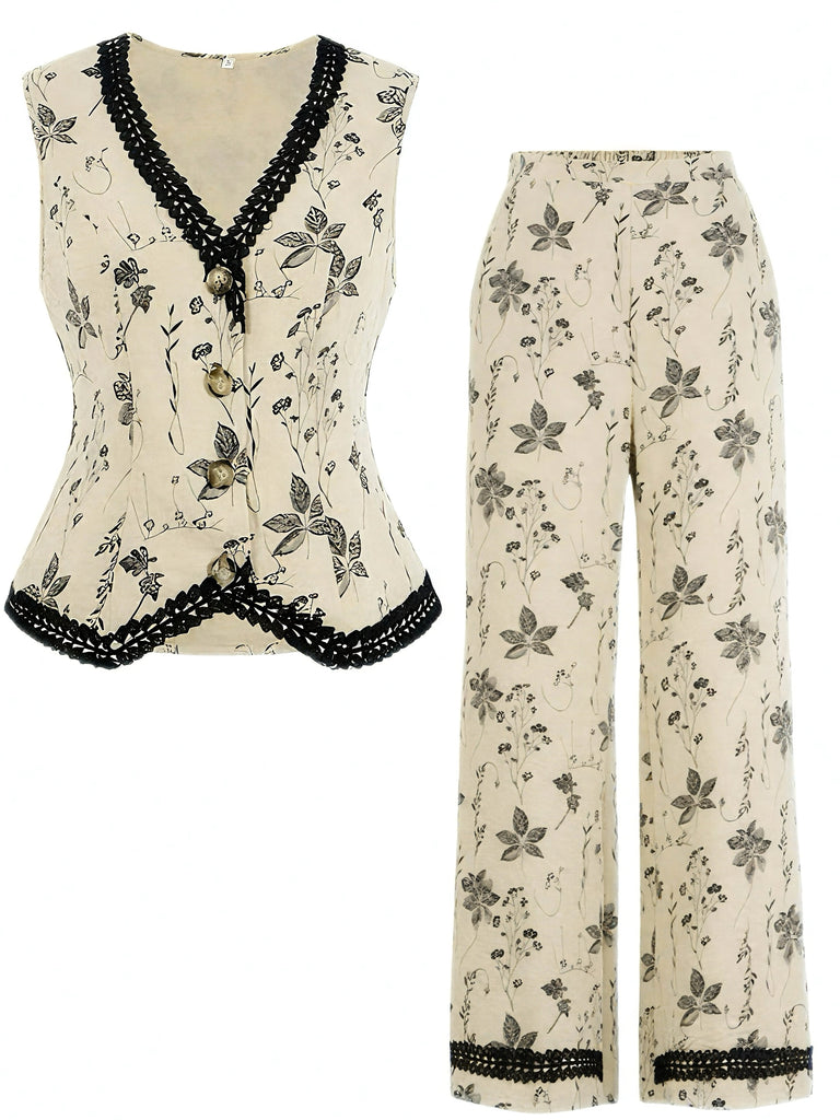2PCS 1940s Floral Hem V-Neck Vest & Pants