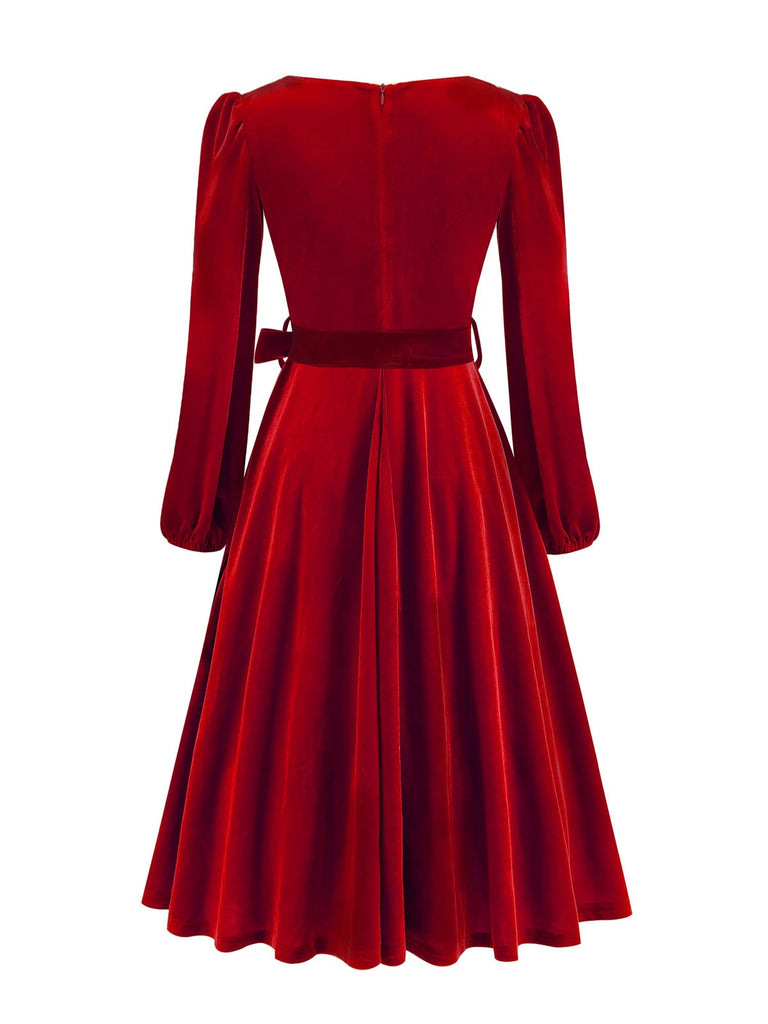 1950s Christmas Velvet Square Neck Long Sleeve Dress