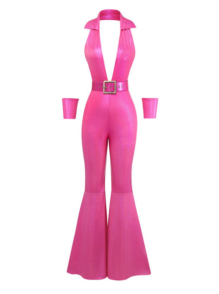 Pink 1970s Metallic Deep V-Neck Disco Jumpsuit Retro Stage