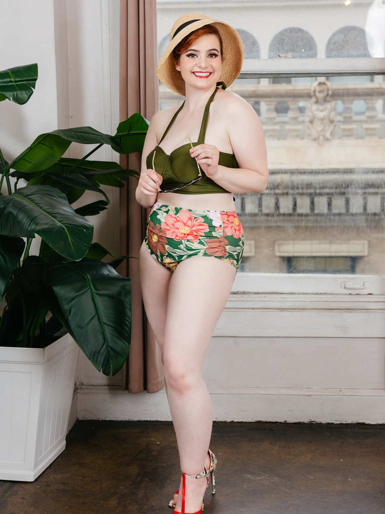 Olive Lace-Up Halter Flowers Bikini Set