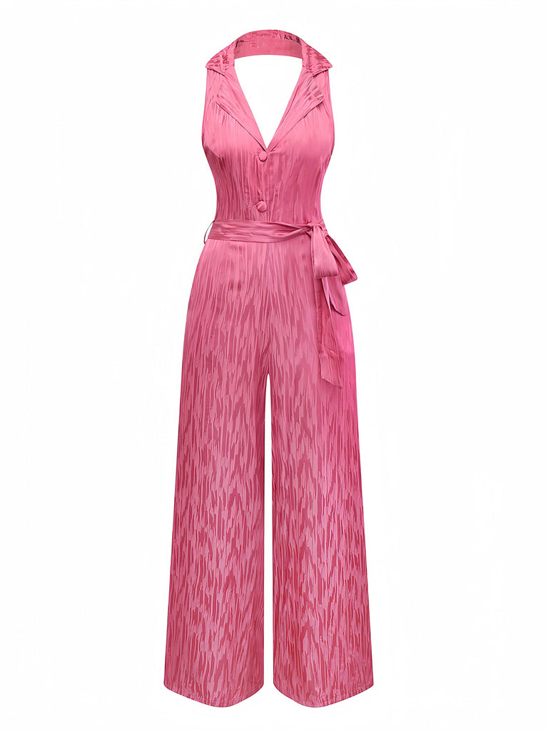 Pink 1970s Halter Lapel Satin Jumpsuit
