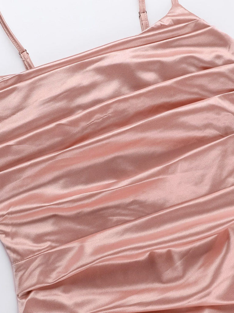 Pink 1930s Solid Satin Ruched Slit Dress