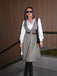2PCS Grey 1940s V-Neck Plaid Dress & Satin Blouse