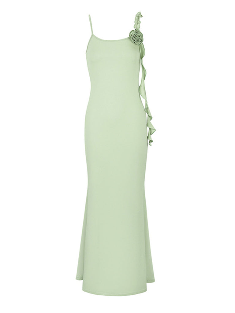 Green 1930s Spaghetti Strap 3D Flower Maxi Dress